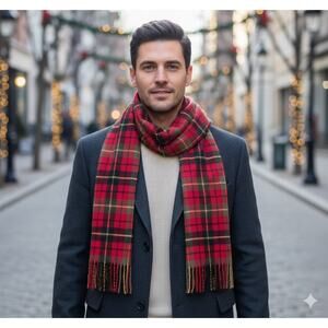 Cisco West Germany Scarf Red Plaid Cashmere Wool Hand Loomed Muffler 48" Vintage